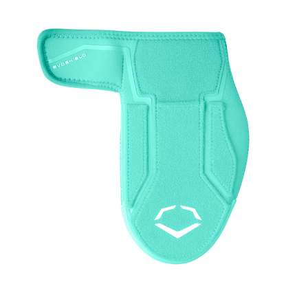The EvoShield Shorty Sliding Mitt 2.0 (WB57728) is a turquoise athletic mitt with stitched edges and a white logo, designed by EvoShield for baseball hand protection around the ankle and lower leg.