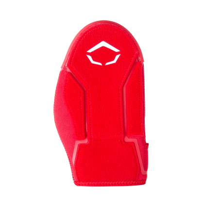 The EvoShield Shorty Sliding Mitt 2.0 (WB57728) features a bright red design with angular contours and a white geometric logo, providing baseball hand protection. It's shown against a plain white background. Brand: EvoShield.