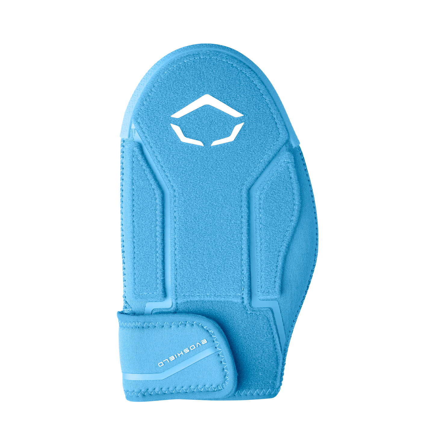 The EvoShield Shorty Sliding Mitt 2.0 (WB57728) is a blue baseball mitt with a white logo and “EVOSHIELD” on the adjustable cuff, shown against a plain white background.
