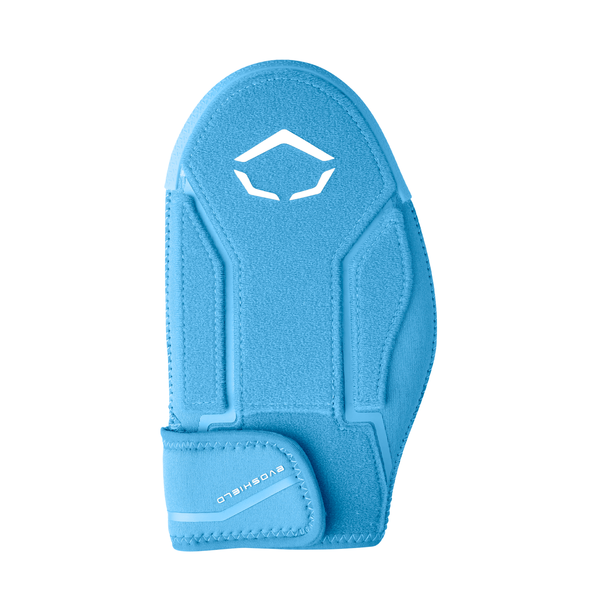 The EvoShield Shorty Sliding Mitt 2.0 (WB57728) is a blue baseball mitt with a white logo and “EVOSHIELD” on the adjustable cuff, shown against a plain white background.