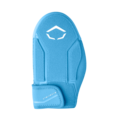 The EvoShield Shorty Sliding Mitt 2.0 (WB57728) is a blue baseball mitt with a white logo and “EVOSHIELD” on the adjustable cuff, shown against a plain white background.