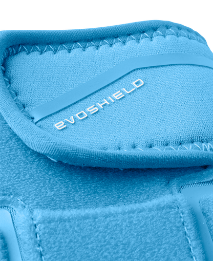 Close-up of the EvoShield Shorty Sliding Mitt 2.0 (WB57728) in blue, featuring detailed stitching and the EvoShield brand name in white—crafted for superior baseball hand protection.