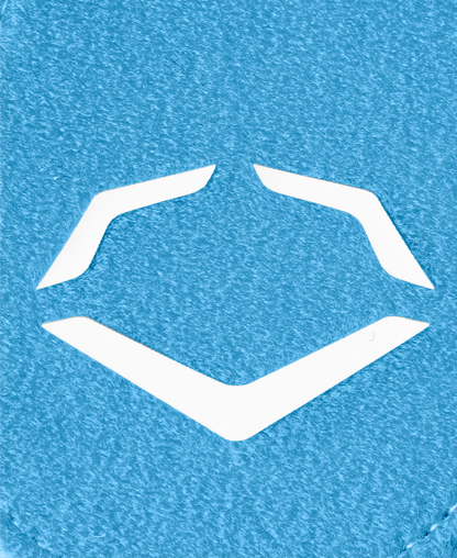 White angular geometric logo, inspired by EvoShield Shorty Sliding Mitt 2.0 (WB57728) design, appears on a textured blue background, reflecting the brand’s baseball hand protection style.