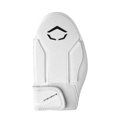 The EvoShield Shorty Sliding Mitt 2.0 (WB57728) is a white sliding mitt with a black logo and padded areas, offering premium baseball hand protection and wrist support, shown against a plain background.