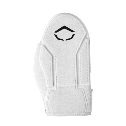 The EvoShield Shorty Sliding Mitt 2.0 (WB57728) by EvoShield is a white sliding mitt with a black angular logo, reinforced stitching, and padded segments for enhanced baseball hand protection, displayed on a plain white background.