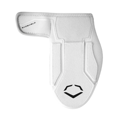 The EvoShield Shorty Sliding Mitt 2.0 (WB57728) by EvoShield is a white sliding mitt with reinforced edges, “EVOSHIELD” on the strap, a black geometric logo, and a contoured design for superior hand and wrist protection.