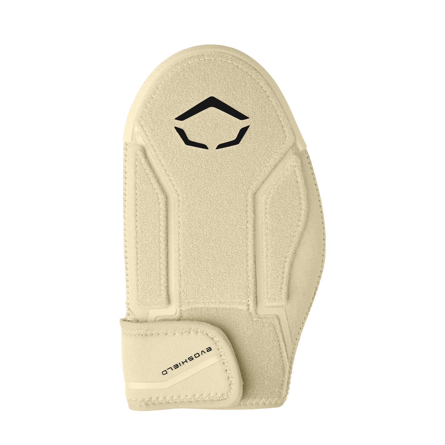The EvoShield Shorty Sliding Mitt 2.0 (WB57728) is a beige baseball mitt with angular stitching, a black EvoShield logo near the top, and a Velcro “EVO SHIELD” strap, designed for hand protection during sports.