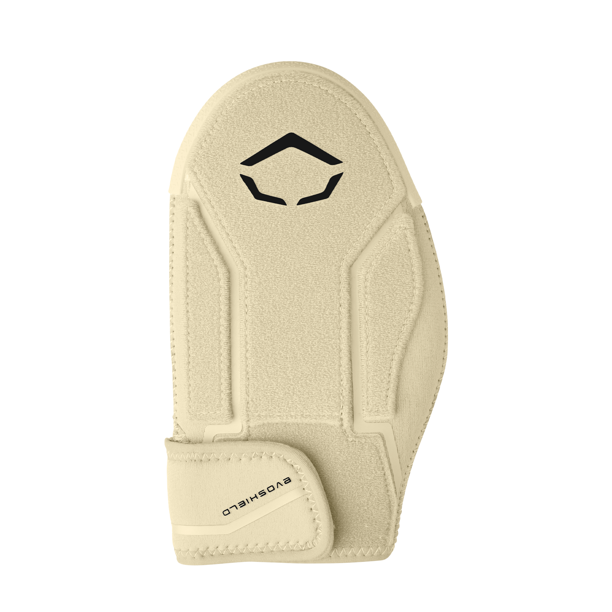 The EvoShield Shorty Sliding Mitt 2.0 (WB57728) is a beige baseball mitt with angular stitching, a black EvoShield logo near the top, and a Velcro “EVO SHIELD” strap, designed for hand protection during sports.
