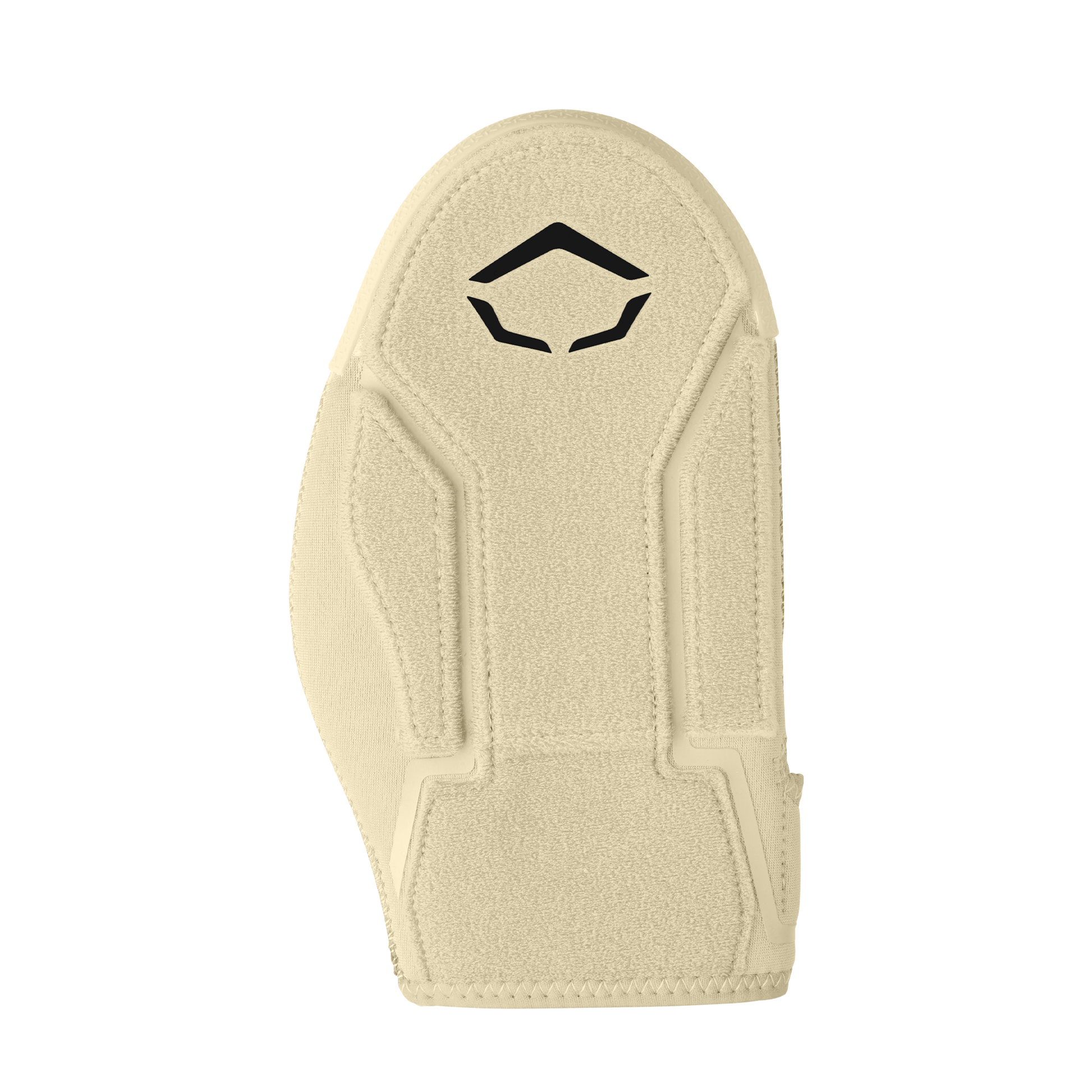 The EvoShield Shorty Sliding Mitt 2.0 (WB57728) is a tan mitt with stitched padding and a black geometric logo, designed by EvoShield for baseball hand protection, shown on a white background.