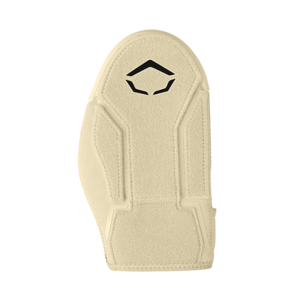 The EvoShield Shorty Sliding Mitt 2.0 (WB57728) is a tan mitt with stitched padding and a black geometric logo, designed by EvoShield for baseball hand protection, shown on a white background.