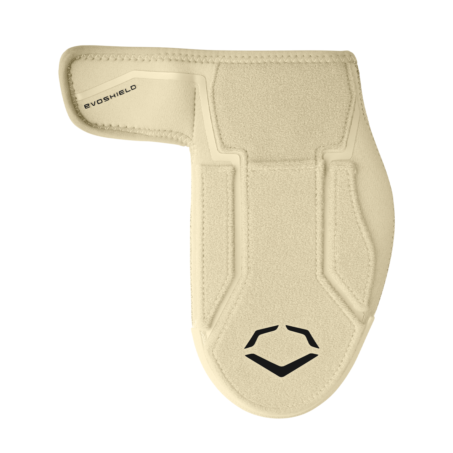 The EvoShield Shorty Sliding Mitt 2.0 (WB57728) by EvoShield is a beige sliding mitt with a black logo, featuring visible stitching, a Velcro strap on the left side, and offers baseball hand protection over the wrist and hand.