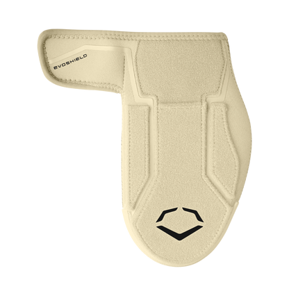 The EvoShield Shorty Sliding Mitt 2.0 (WB57728) by EvoShield is a beige sliding mitt with a black logo, featuring visible stitching, a Velcro strap on the left side, and offers baseball hand protection over the wrist and hand.
