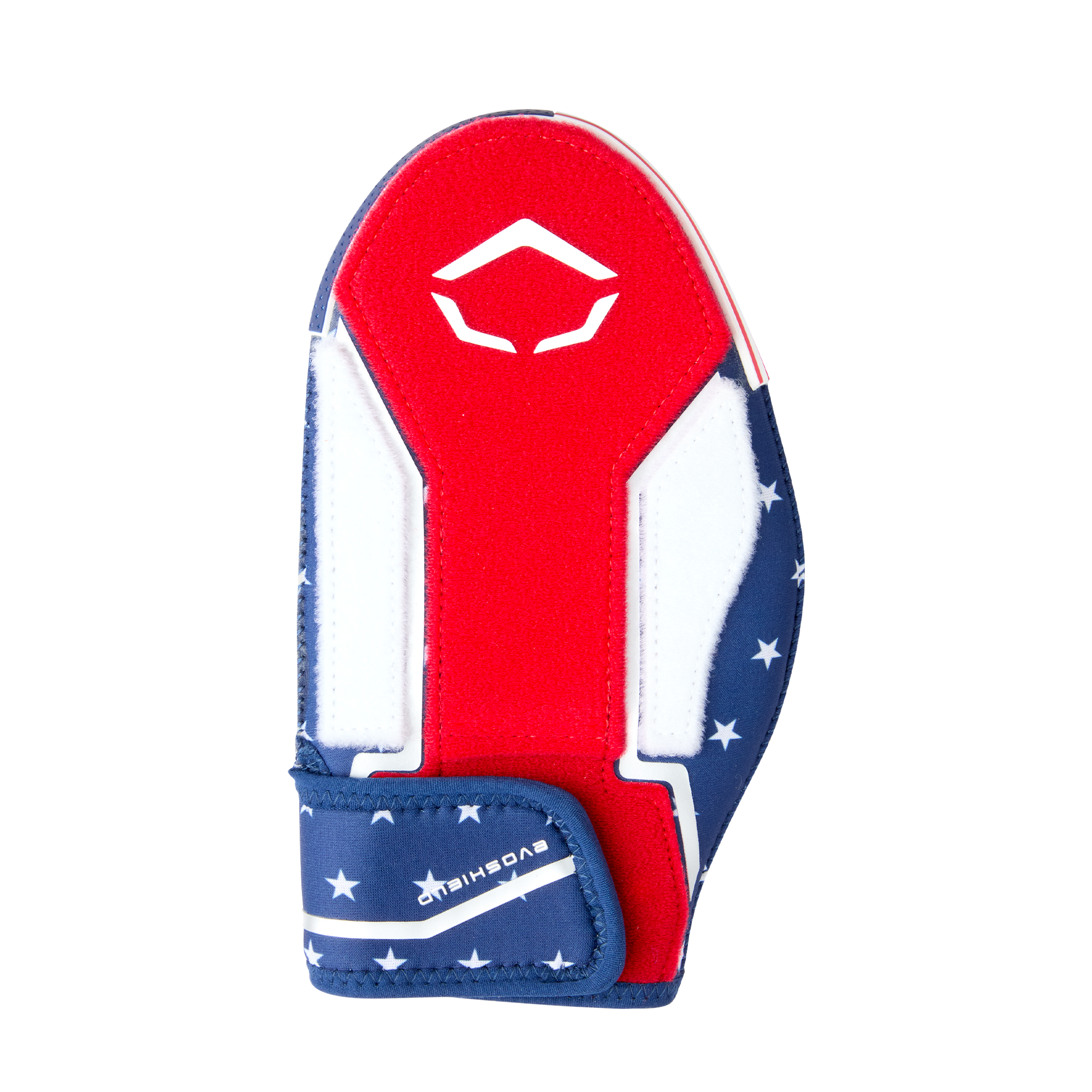 The EvoShield Shorty Sliding Mitt 2.0 (WB57728) features a red, white, and blue design with white stars on a blue background, a white logo, and a Velcro strap for superior baseball hand protection.