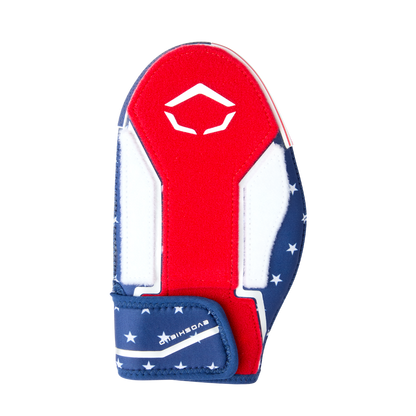The EvoShield Shorty Sliding Mitt 2.0 (WB57728) features a red, white, and blue design with white stars on a blue background, a white logo, and a Velcro strap for superior baseball hand protection.