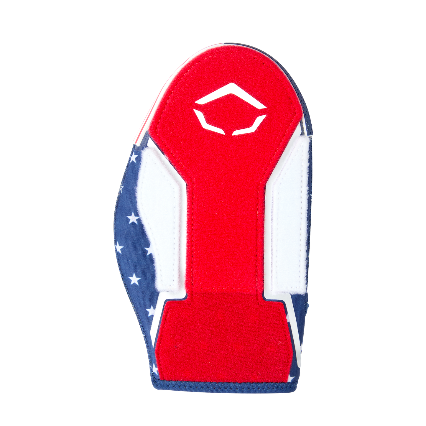 The EvoShield Shorty Sliding Mitt 2.0 (WB57728) by EvoShield features red, white, and blue colors with star accents—evoking the American flag—and provides baseball hand protection against a plain light background.