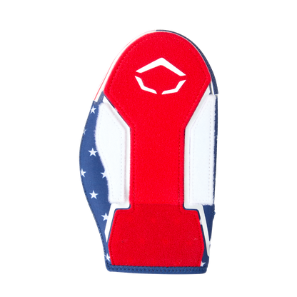 The EvoShield Shorty Sliding Mitt 2.0 (WB57728) by EvoShield features red, white, and blue colors with star accents—evoking the American flag—and provides baseball hand protection against a plain light background.