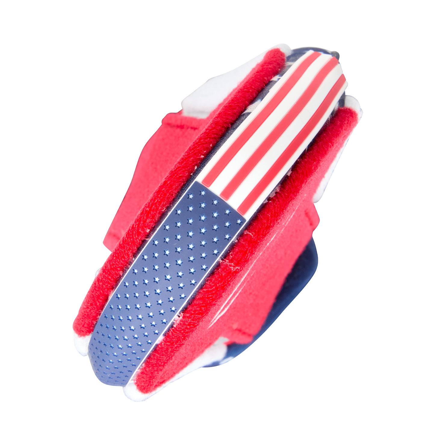 A close-up of the EvoShield Shorty Sliding Mitt 2.0 (WB57728) by EvoShield, showcasing an American flag-inspired design with red, white, and blue stars and stripes against a white background.