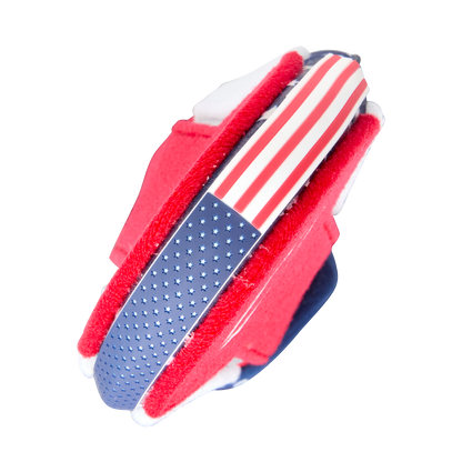 A close-up of the EvoShield Shorty Sliding Mitt 2.0 (WB57728) by EvoShield, showcasing an American flag-inspired design with red, white, and blue stars and stripes against a white background.