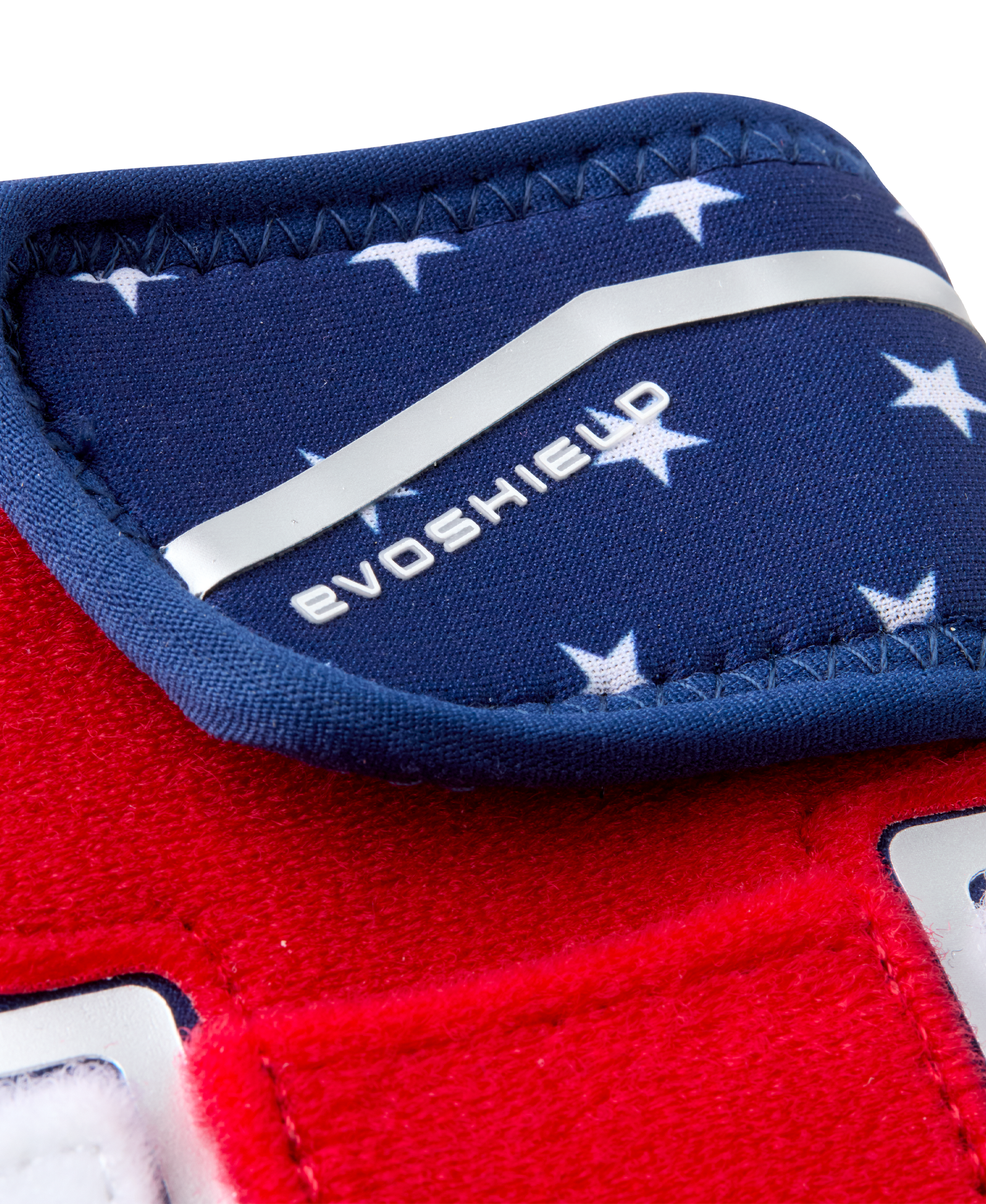 A close-up of the EvoShield Shorty Sliding Mitt 2.0: WB57728, a red and blue mitt by EvoShield designed for superior baseball hand protection.
