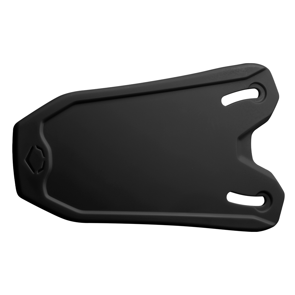 The EvoShield XVT 2.0 Bilateral Matte Batting Helmet Face Shield (Jaw Guard) by EvoShield is a black, contoured plastic panel with two elongated slots and an indented edge, designed for batting helmet protection.