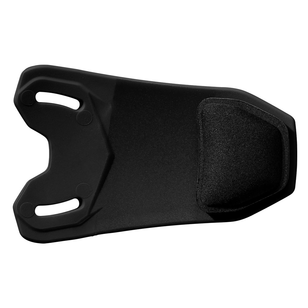 The EvoShield XVT 2.0 Bilateral Matte Batting Helmet Face Shield (Jaw Guard), by EvoShield, is a black, contoured plastic guard with two elongated slots on one end and a textured pad on the other, displayed on a white background.