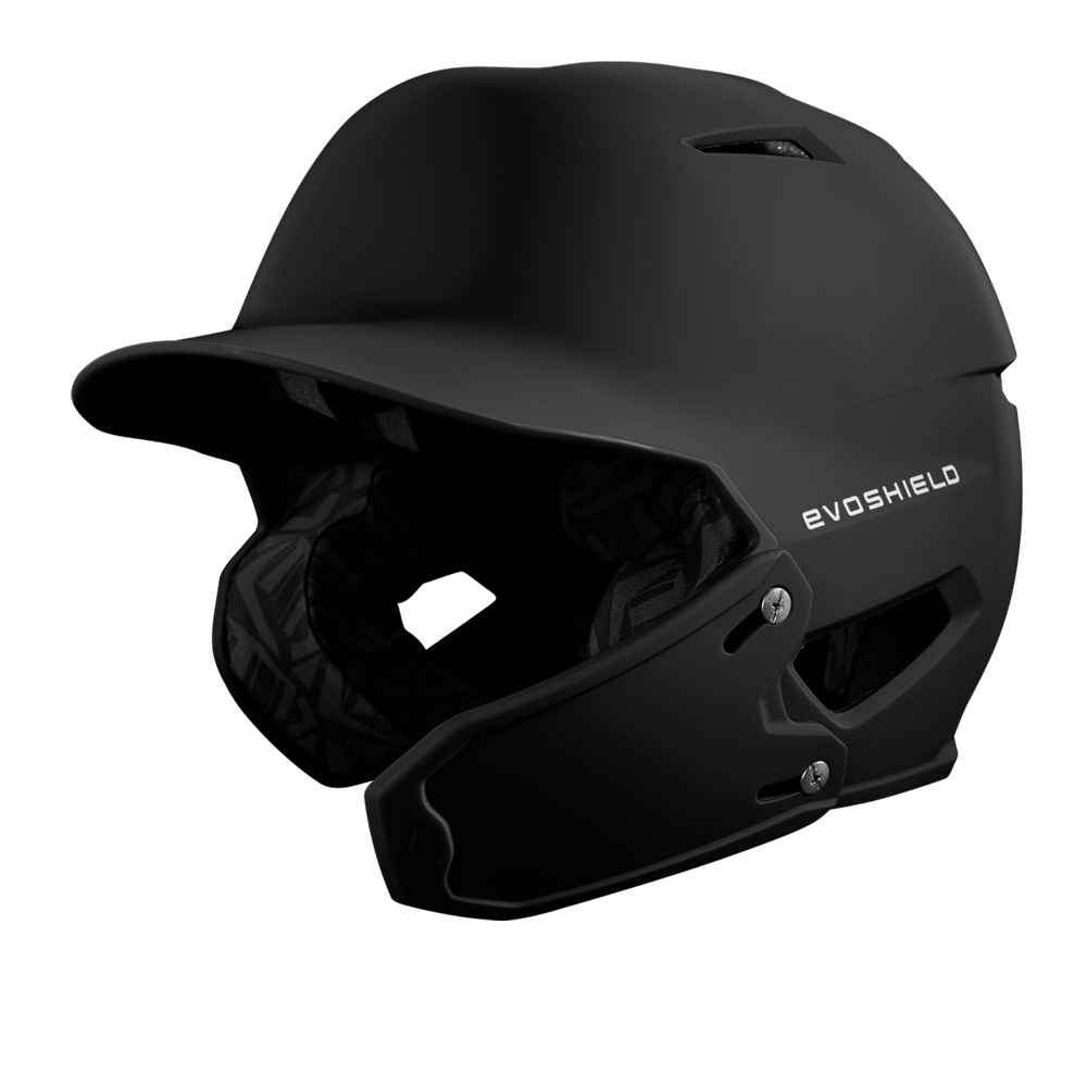 The EvoShield XVT 2.0 Bilateral Matte Batting Helmet Face Shield (Jaw Guard) WB57729 is a matte black helmet with ear protection, interior padding, ventilation holes, a bill, and “EVOSHIELD” branding. Compatible with XVT face shields.