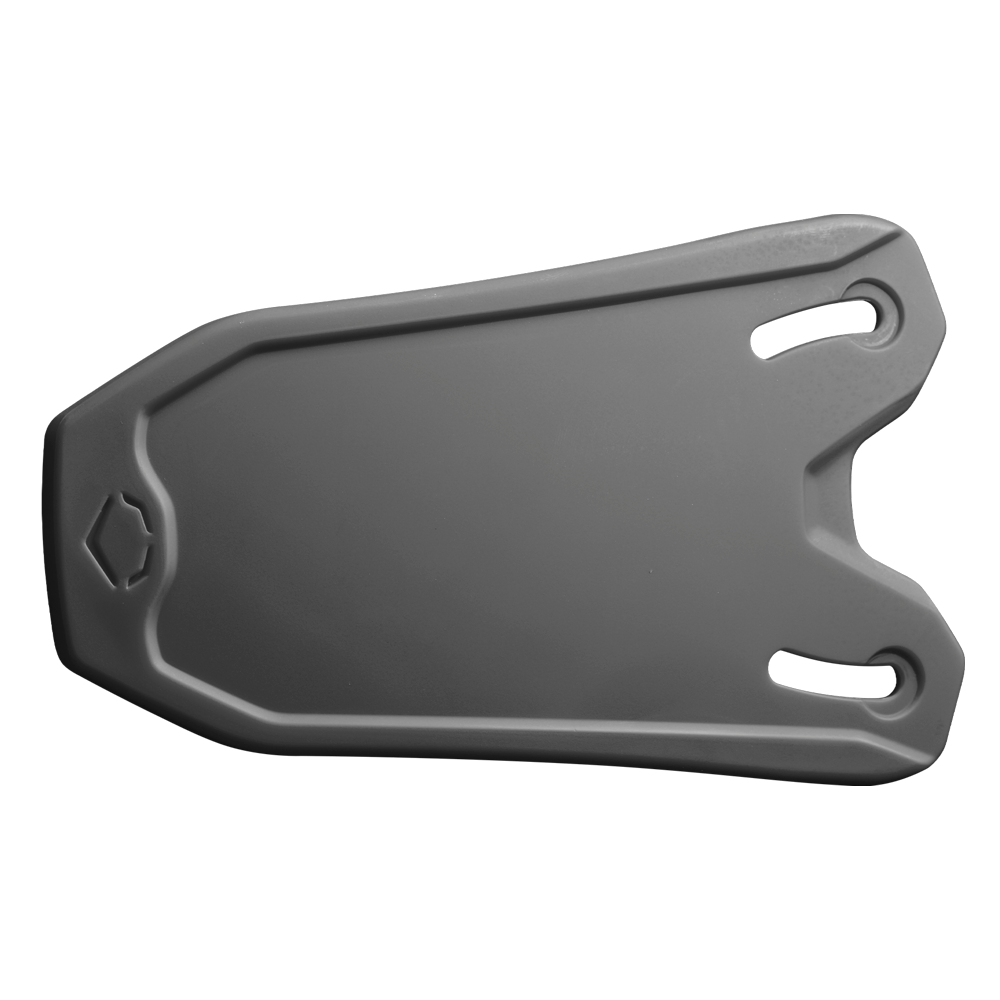A gray, molded plastic shield with two elongated slots and angled edges, similar to the EvoShield XVT 2.0 Bilateral Matte Batting Helmet Face Shield (Jaw Guard), WB57729 by EvoShield, possibly used as a back panel or protective plate.