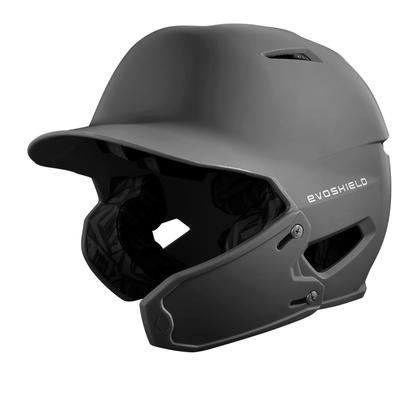 A matte black EvoShield XVT 2.0 Bilateral Batting Helmet with Jaw Guard (WB57729), featuring ventilation holes, shown from a front-side angle.
