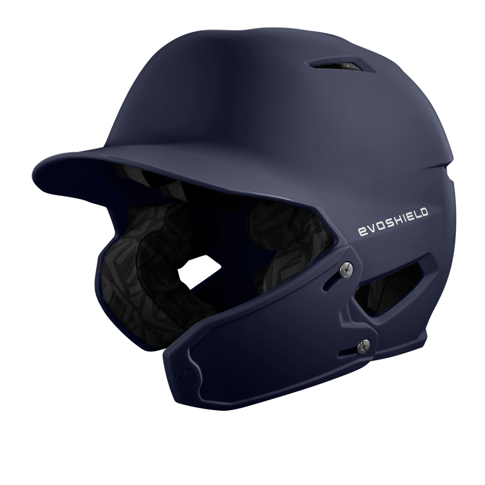 A matte navy blue EvoShield XVT 2.0 helmet with visor and ear protection, featuring the white EVOSHIELD logo, is fully compatible with the EvoShield XVT 2.0 Bilateral Matte Batting Helmet Face Shield (Jaw Guard), WB57729.