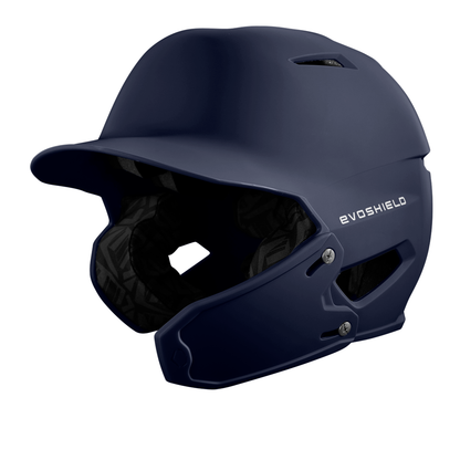 A matte navy blue EvoShield XVT 2.0 helmet with visor and ear protection, featuring the white EVOSHIELD logo, is fully compatible with the EvoShield XVT 2.0 Bilateral Matte Batting Helmet Face Shield (Jaw Guard), WB57729.