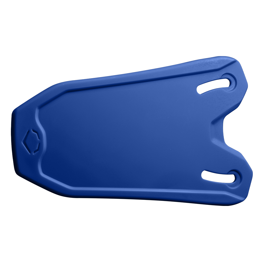 A blue foam swim kickboard with a contoured shape and two hand grip slots on one end, shown against a white background—featuring ergonomic design similar to the EvoShield XVT 2.0 Bilateral Matte Face Shield (Jaw Guard), WB57729.