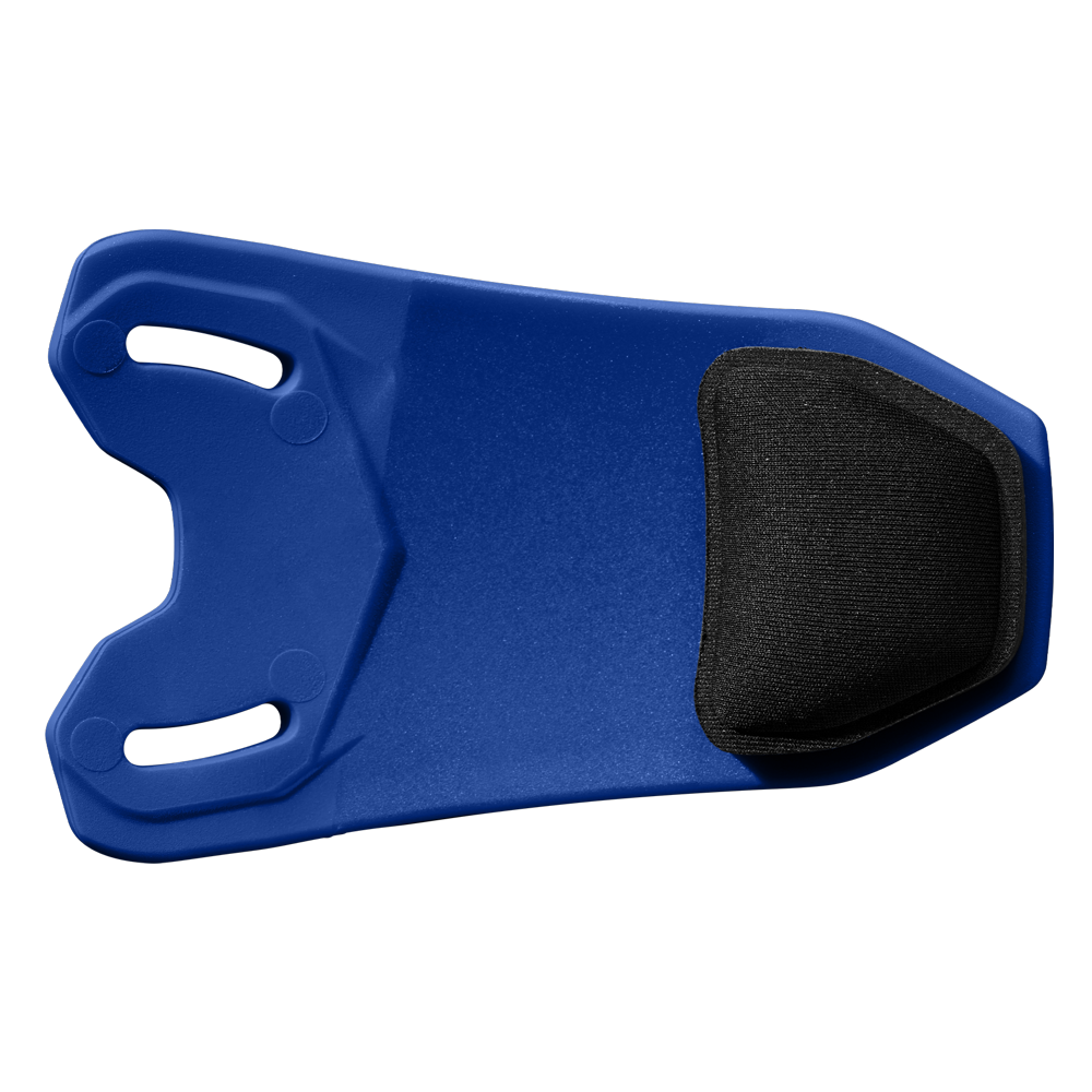 A blue plastic knee pad with two strap slots and a black cushioned end, shown on white—pairs perfectly with your EvoShield XVT 2.0 Bilateral Matte Batting Helmet Face Shield (Jaw Guard) WB57729 for enhanced helmet gear.