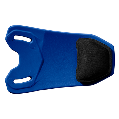 A blue plastic knee pad with two strap slots and a black cushioned end, shown on white—pairs perfectly with your EvoShield XVT 2.0 Bilateral Matte Batting Helmet Face Shield (Jaw Guard) WB57729 for enhanced helmet gear.