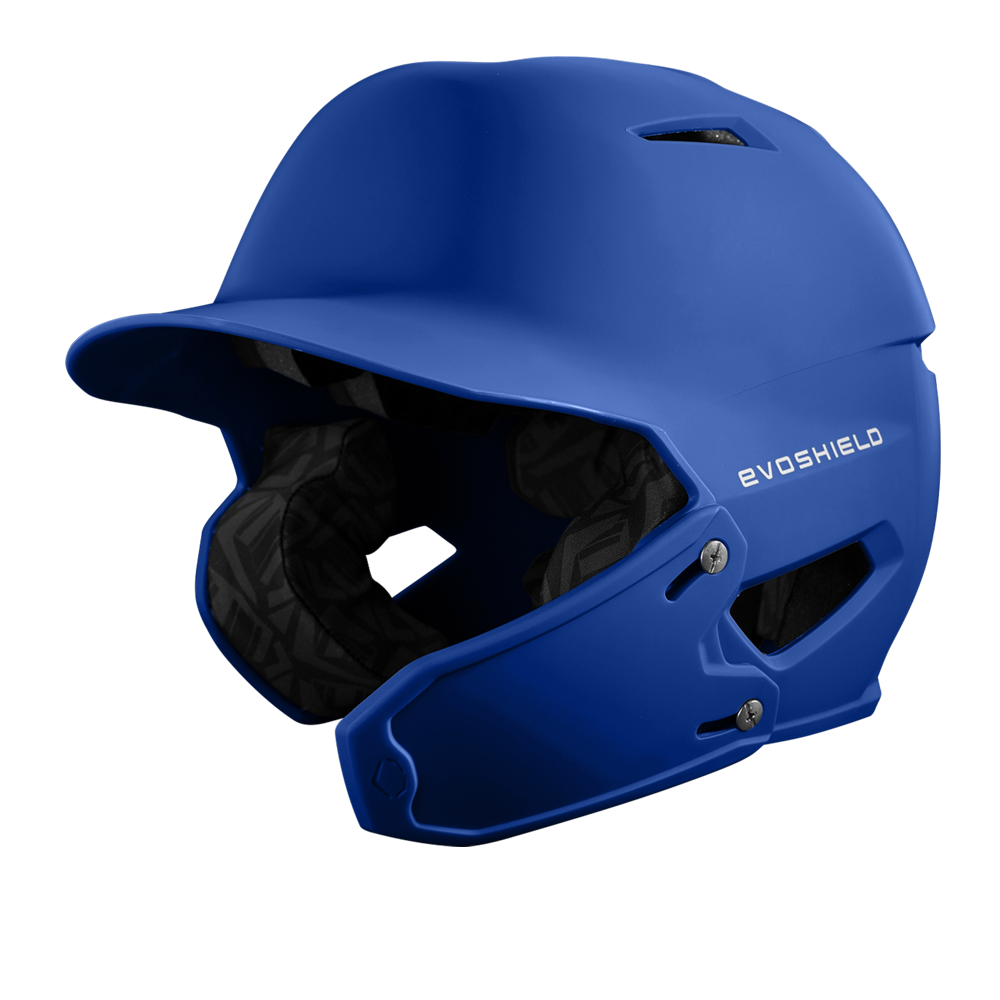 The EvoShield XVT 2.0 Bilateral Matte Batting Helmet Face Shield (Jaw Guard): WB57729 by EvoShield is a blue helmet with dual ear protection, interior padding, and open-face design, perfect for enhanced batting safety. Displayed on a white background.