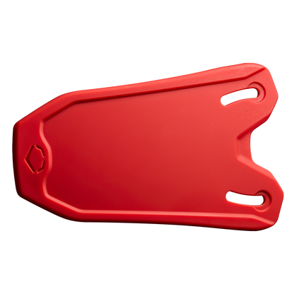 A vivid red rescue board with rounded edges and two elongated holes on one end, crafted for water lifesaving, is shown on white—reflecting the precision of the EvoShield XVT 2.0 Bilateral Matte Batting Helmet Face Shield (Jaw Guard) by EvoShield.