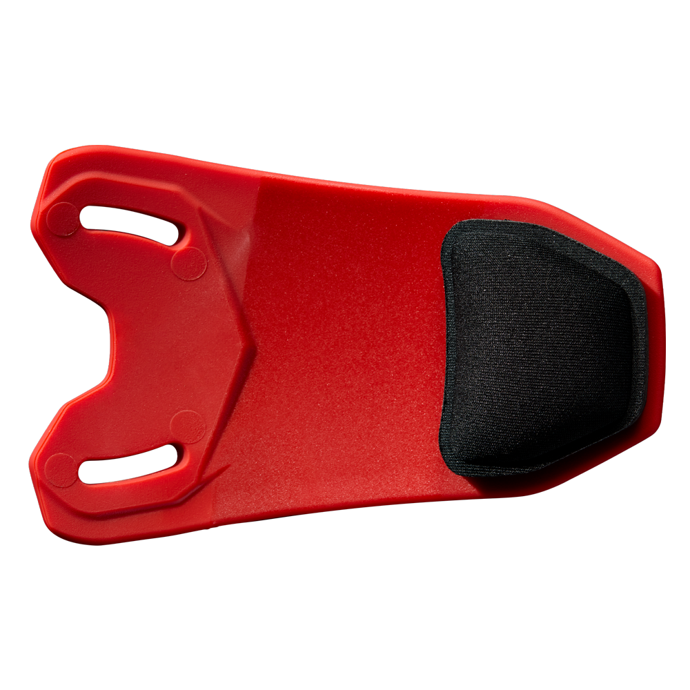 The EvoShield XVT 2.0 Bilateral Matte Batting Helmet Face Shield (Jaw Guard) WB57729 by EvoShield is a red plastic pad with two curved slots and a black cushioned area, designed for helmet protection, shown against a white background.