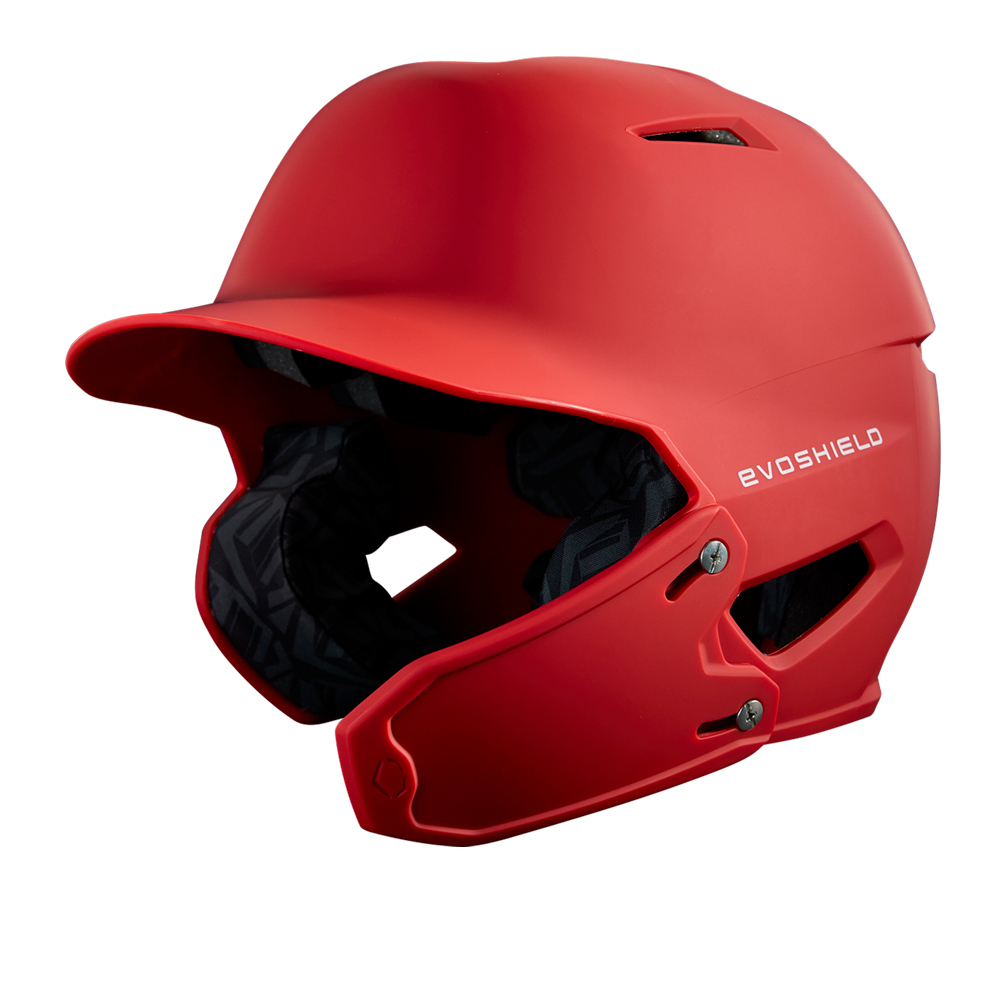 A red EvoShield XVT 2.0 Bilateral Matte Batting Helmet Face Shield (Jaw Guard), model WB57729, is displayed against a white background.