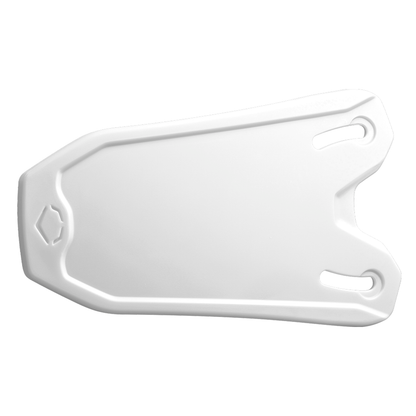 A white, rectangular plastic cutting board with two oval handle holes on one end, viewed from above against a plain background—evoking the sleek style of the EvoShield XVT 2.0 Bilateral Matte Batting Helmet Face Shield (Jaw Guard), WB57729.