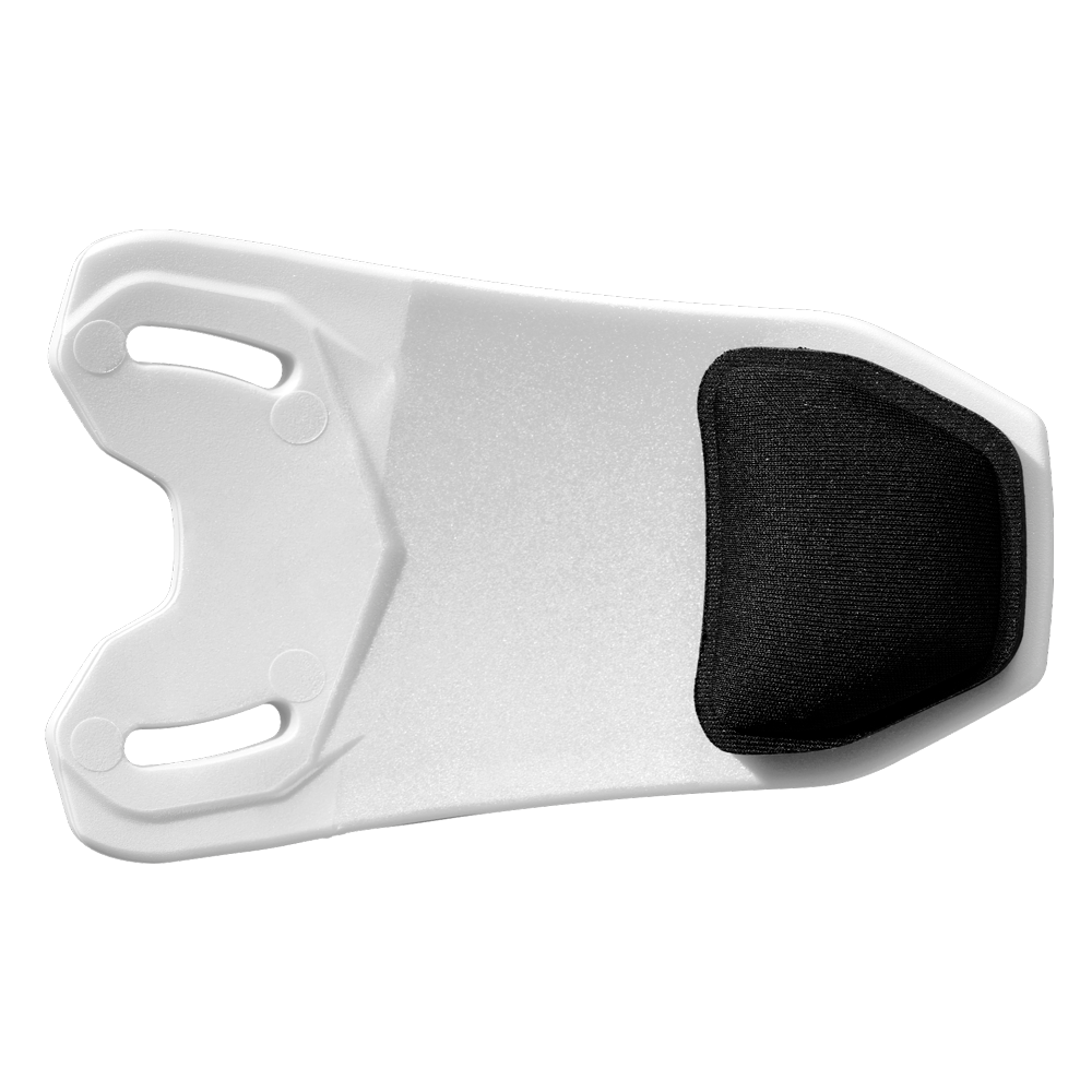 The EvoShield XVT 2.0 Bilateral Matte Batting Helmet Face Shield (Jaw Guard) by EvoShield features a white plastic backplate with two horizontal slots and a black padded end, seen from above—perfect as a face shield for batting helmet protection.