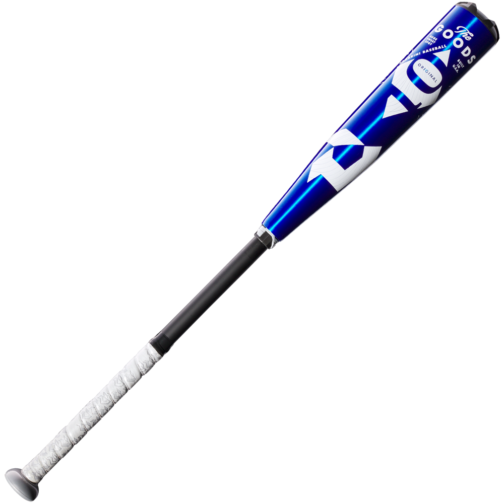 The 2023 DeMarini The Goods -10 (2 5/8") USA Baseball Bat (WBD2359010) features a blue and silver X14 Alloy Barrel and a black handle with white grip tape, shown against a plain white background.
