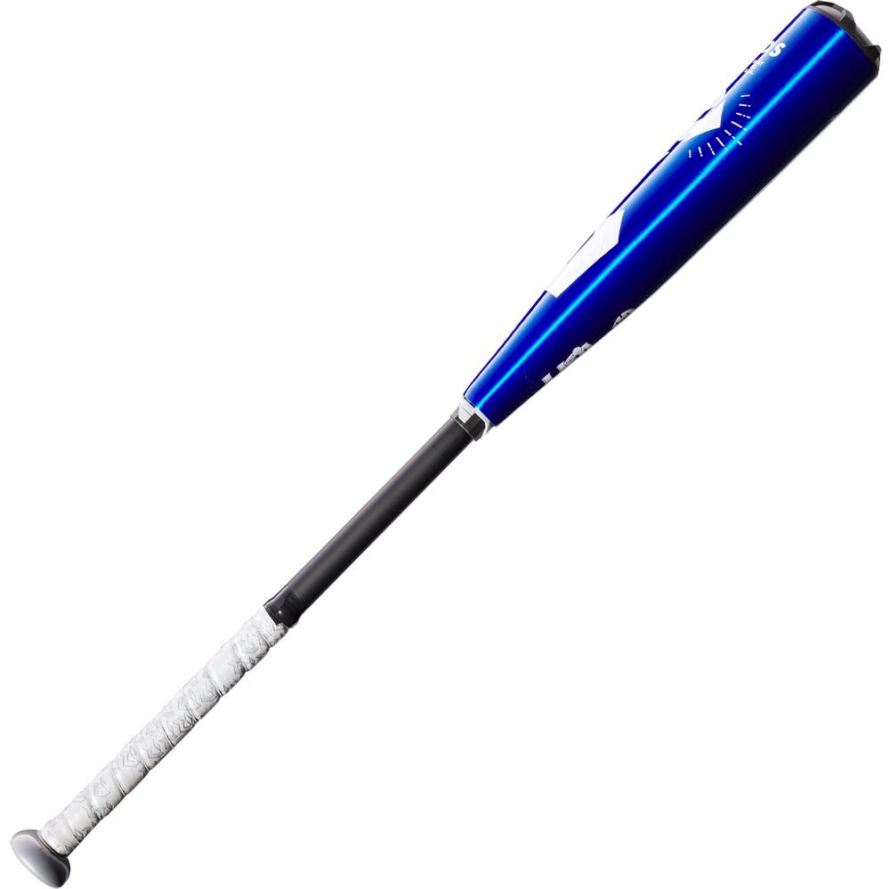 A 2023 DeMarini The Goods -10 (2 5/8") USA baseball bat, blue and black with a white grip handle and X14 Alloy Barrel, is displayed against a plain white background.