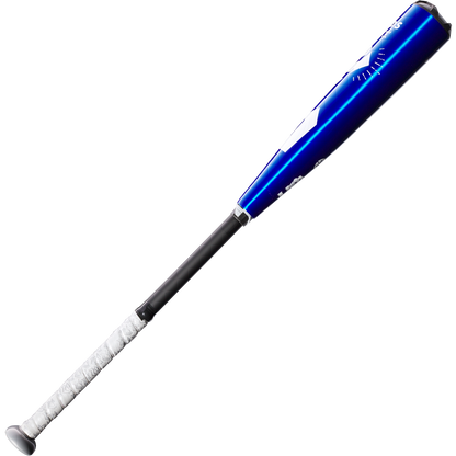 A 2023 DeMarini The Goods -10 (2 5/8") USA baseball bat, blue and black with a white grip handle and X14 Alloy Barrel, is displayed against a plain white background.