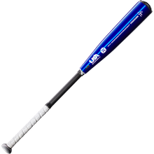 The 2023 DeMarini The Goods -10 USA Baseball Bat (WBD2359010) features a blue aluminum barrel, white grip, black handle, X14 Alloy Barrel branding, and certification markings. Displayed on a white background.