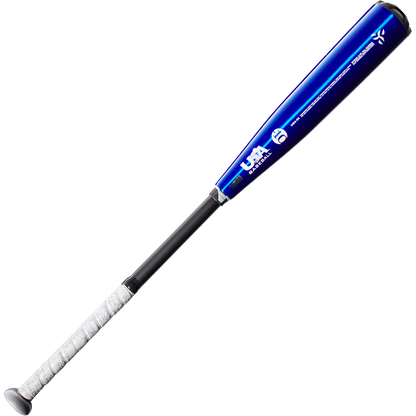 The 2023 DeMarini The Goods -10 USA Baseball Bat (WBD2359010) features a blue aluminum barrel, white grip, black handle, X14 Alloy Barrel branding, and certification markings. Displayed on a white background.