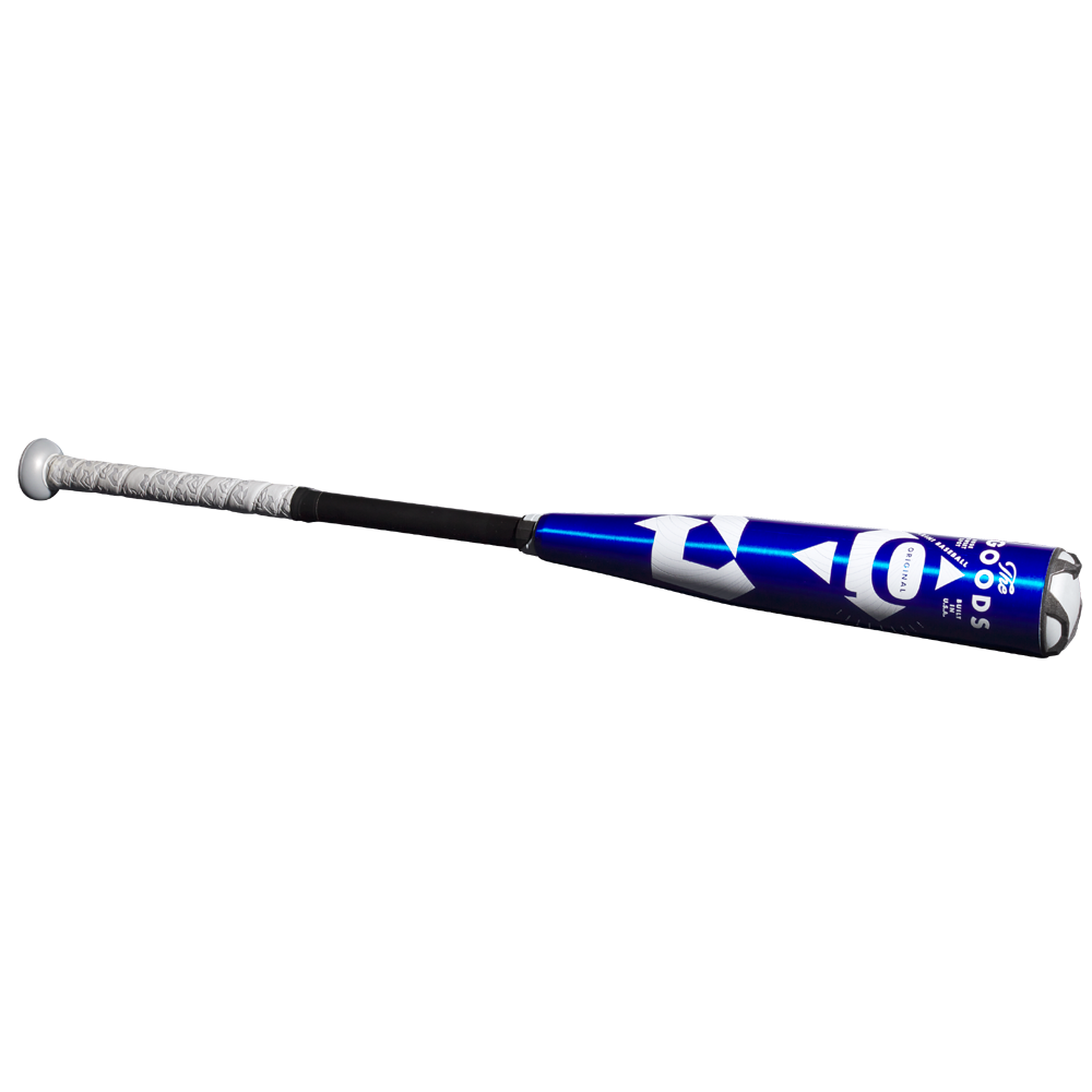 The 2023 DeMarini The Goods -10 (2 5/8") USA Baseball Bat (WBD2359010), in blue and silver with an X14 Alloy Barrel and white grip handle, is shown on a plain white background.