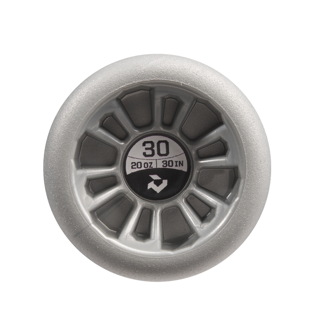 The grey endcap of the 2023 DeMarini The Goods -10 (2 5/8") USA Baseball Bat (WBD2359010) features a black and white label with "30," "20 OZ," "30 IN," and a small logo. It has an X14 Alloy Barrel and is shown on a plain white background.