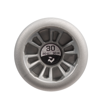 The grey endcap of the 2023 DeMarini The Goods -10 (2 5/8") USA Baseball Bat (WBD2359010) features a black and white label with "30," "20 OZ," "30 IN," and a small logo. It has an X14 Alloy Barrel and is shown on a plain white background.