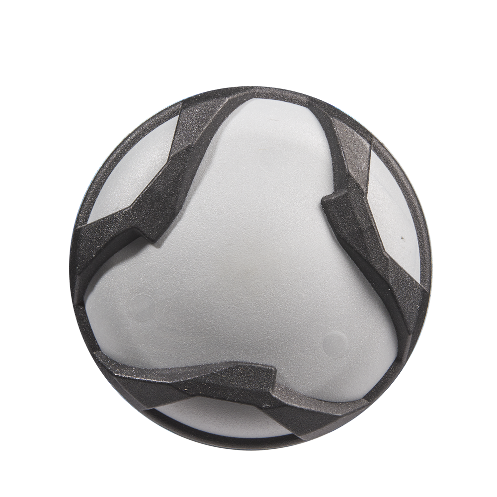 A round, gray massage ball features black, textured grip patterns inspired by the bold 2023 DeMarini The Goods -10 (2 5/8") USA Baseball Bat: WBD2359010 design and is displayed on a plain white background.