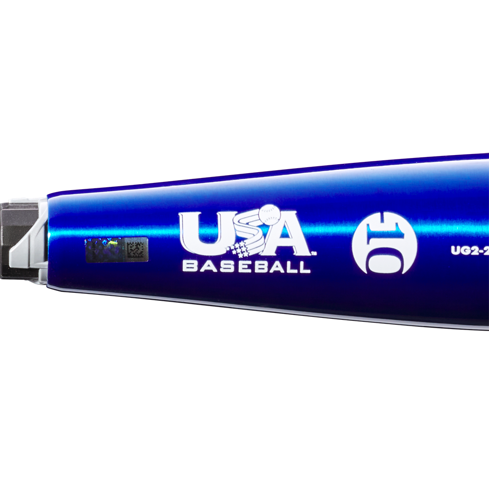 Close-up of the metallic blue 2023 DeMarini The Goods -10 (2 5/8") USA Baseball Bat (WBD2359010), featuring the X14 Alloy Barrel, USA Baseball logo, and white printed brand and model details.