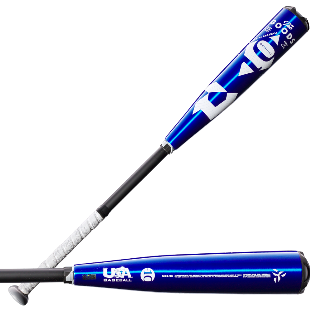 Two blue and black 2023 DeMarini The Goods -10 (2 5/8") USA Baseball Bats by DeMarini with white grips are shown, featuring X14 Alloy Barrel, USA Baseball logo, metallic blue barrels, black handles, and bold white graphics.